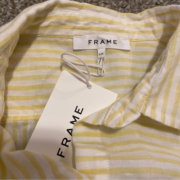 NWT Frame Striped Linen Button Down shirt yellow white L‎ relaxed casual coastal - Picture 4 of 5